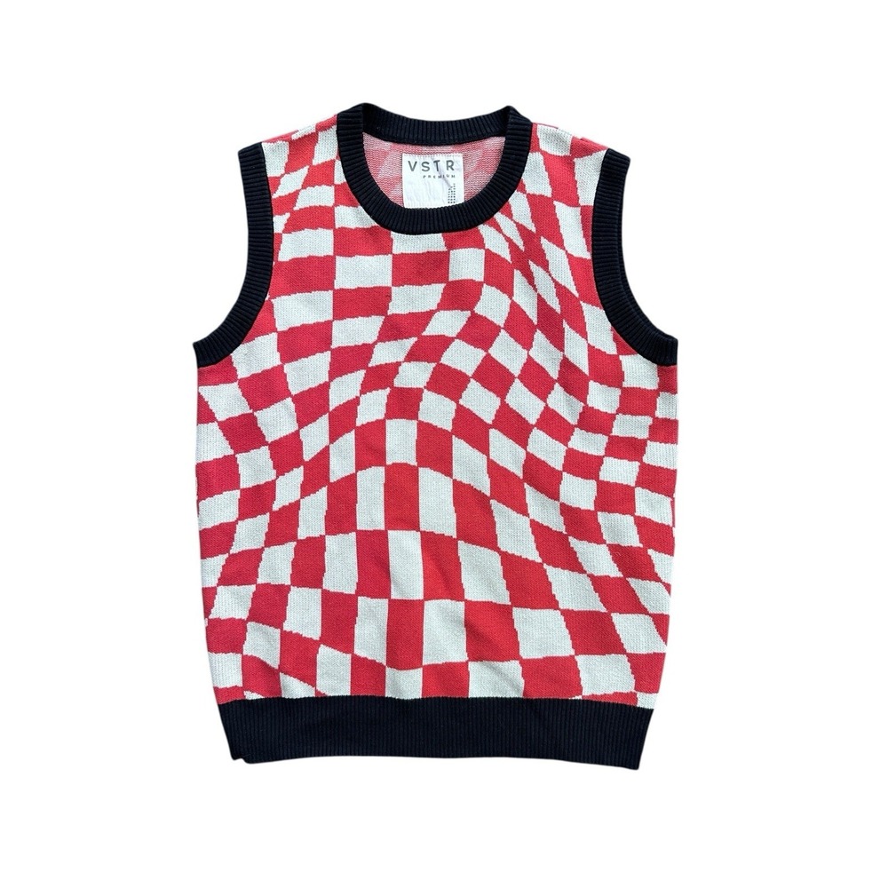 VSTR Men's M Sweater Vest Red Beige Check Black Trim Optical‎ Illusion Pattern